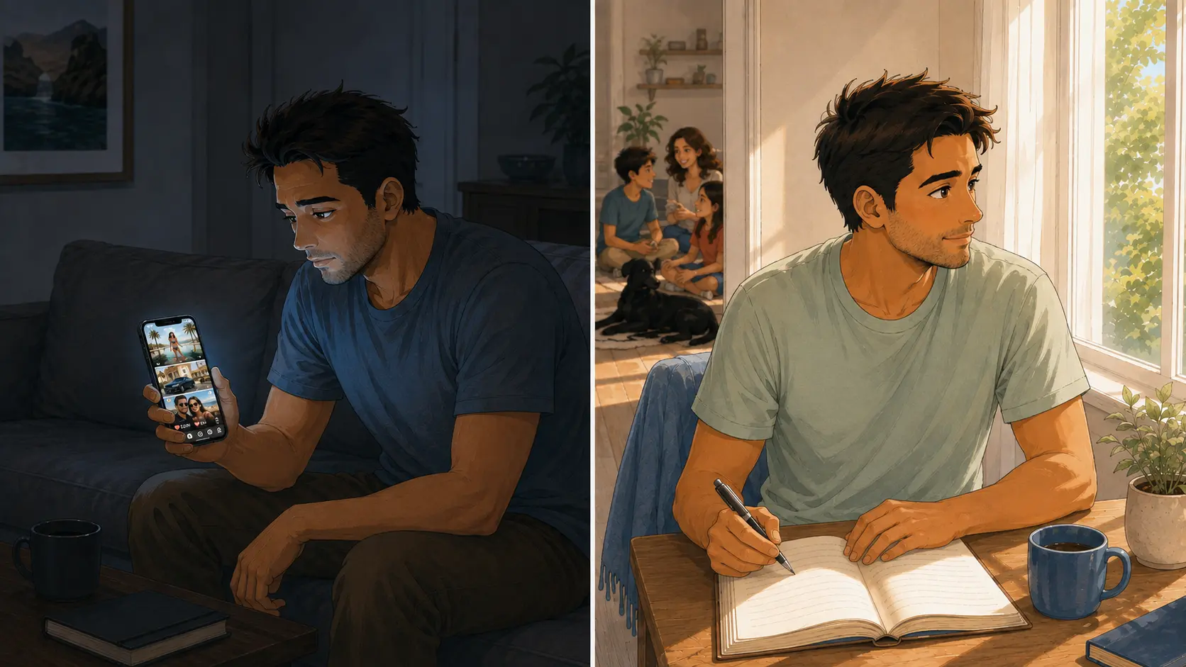 Split scene: the same father scrolling alone in a dim room, and later writing in a journal by a sunlit window with his family nearby