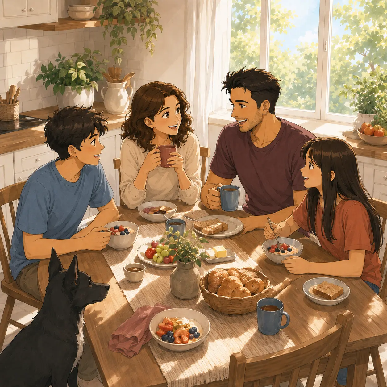 A family gathered around a kitchen table in bright daylight, mid-conversation
