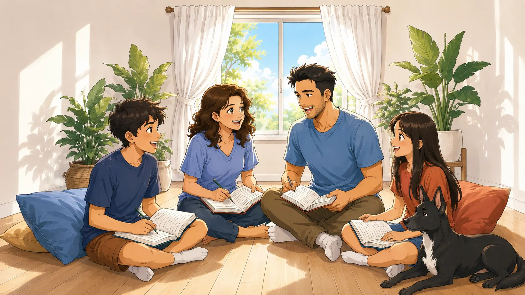A family sitting together on the floor of a sunlit living room, journals in hand, mid-conversation