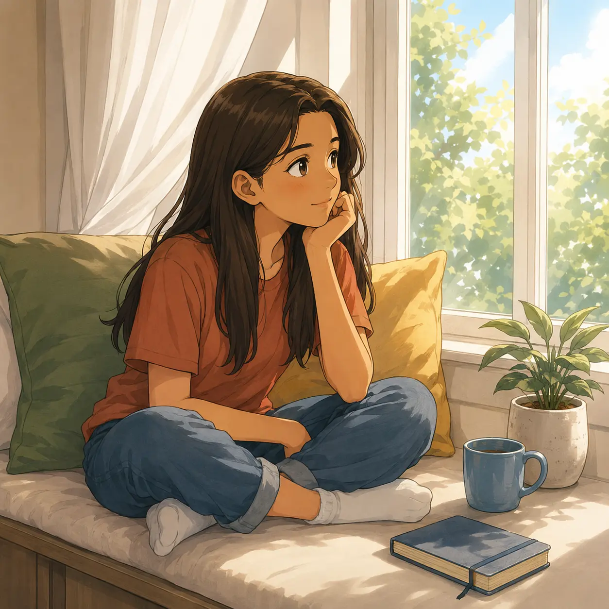 A teenage girl alone in a sunny window nook, a closed notebook beside her